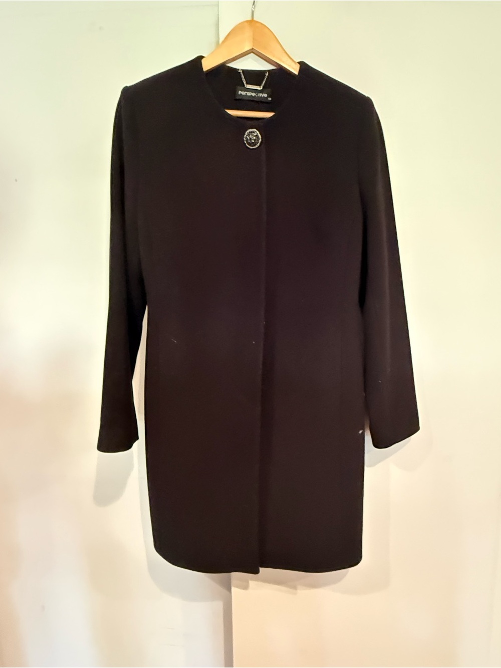 Petite Sophisticate Black Single-Button Collarless Pea Coat